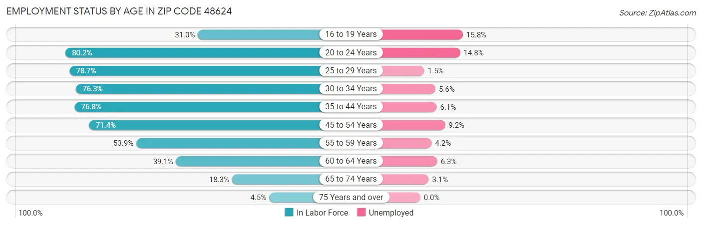 Employment Status by Age in Zip Code 48624