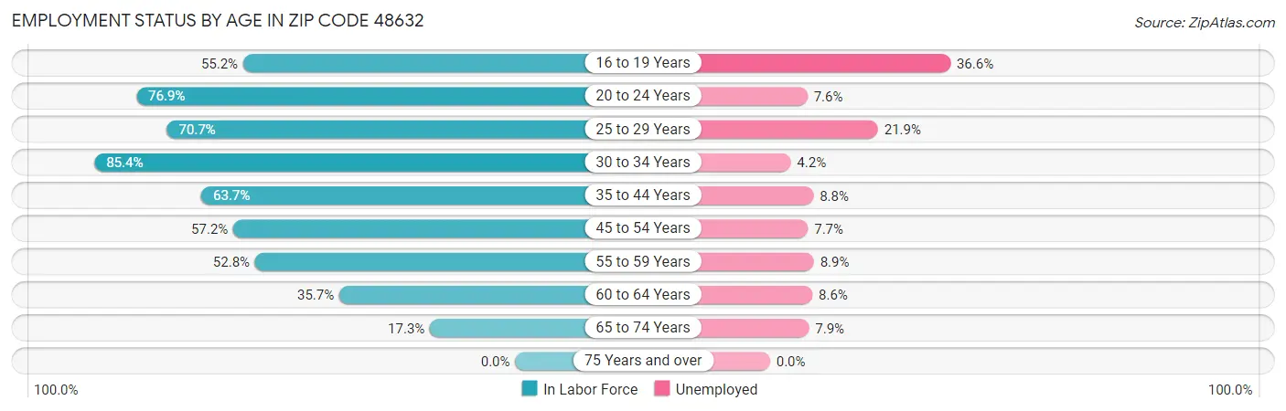 Employment Status by Age in Zip Code 48632