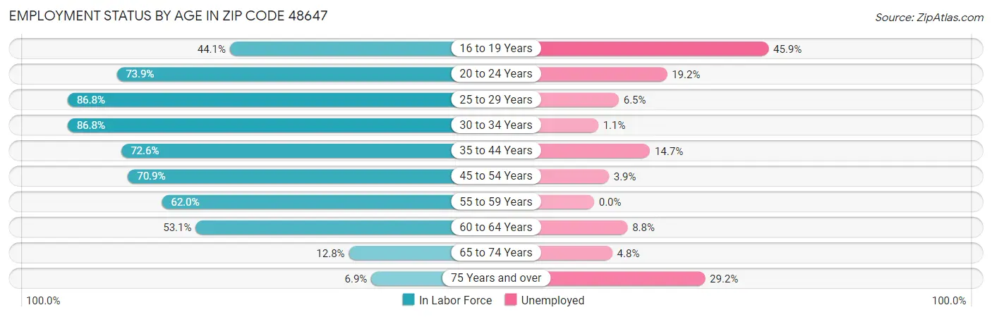 Employment Status by Age in Zip Code 48647