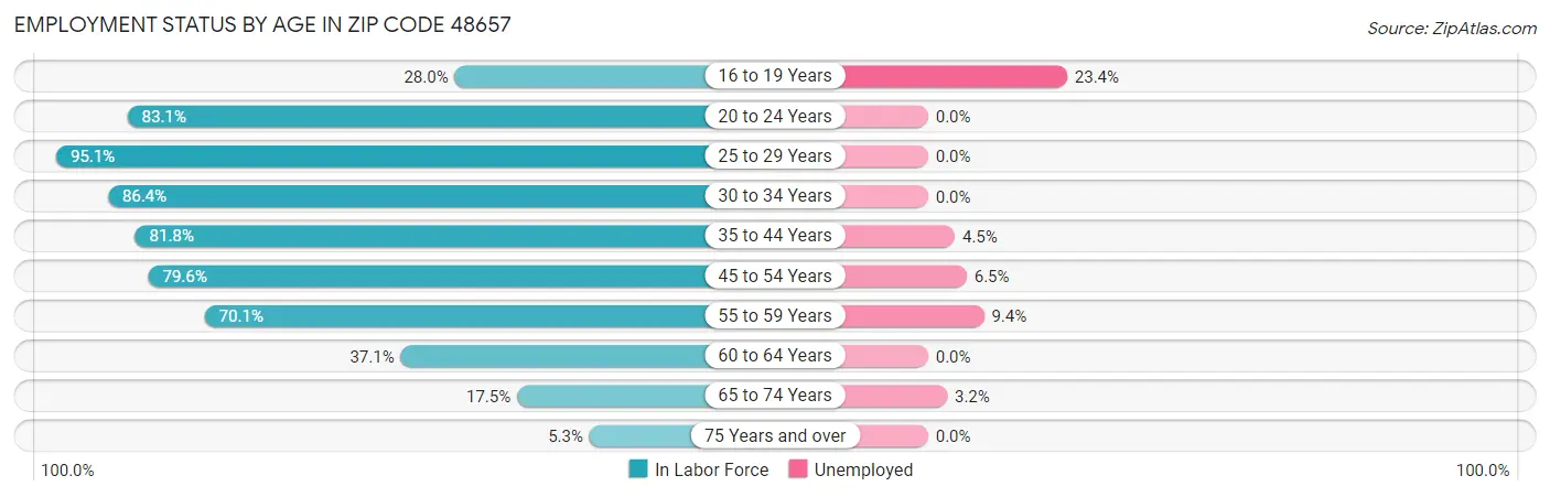 Employment Status by Age in Zip Code 48657