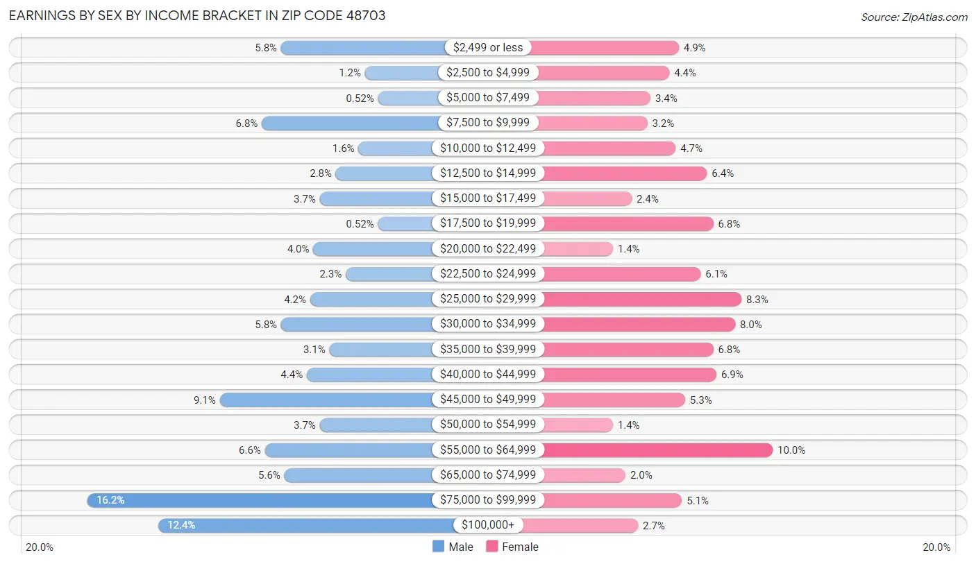 Earnings by Sex by Income Bracket in Zip Code 48703