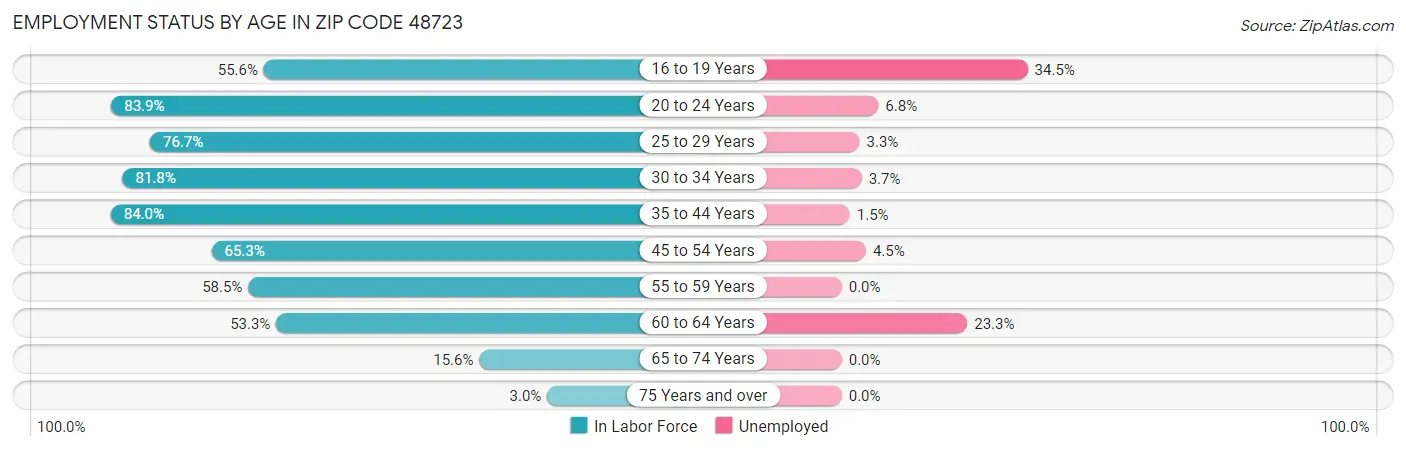 Employment Status by Age in Zip Code 48723