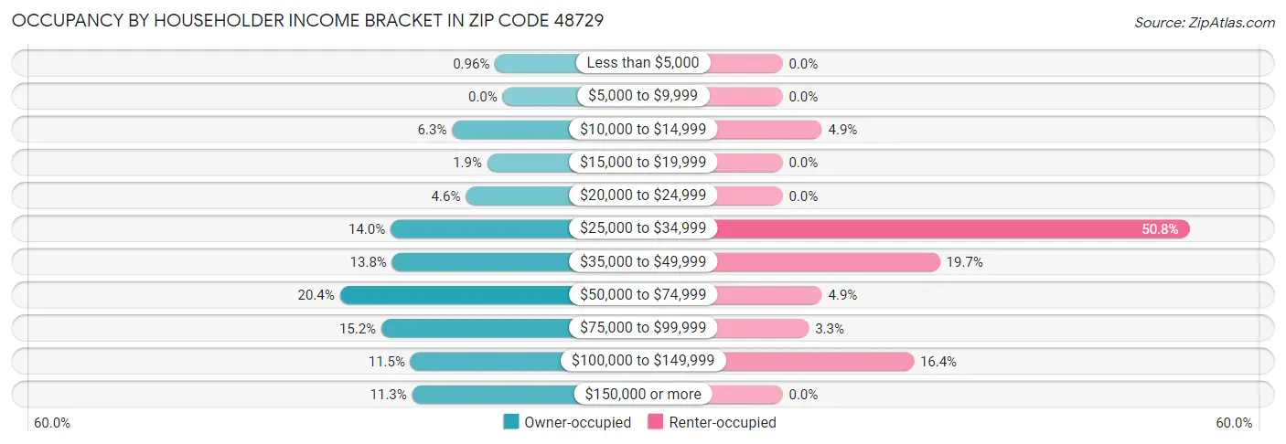 Occupancy by Householder Income Bracket in Zip Code 48729