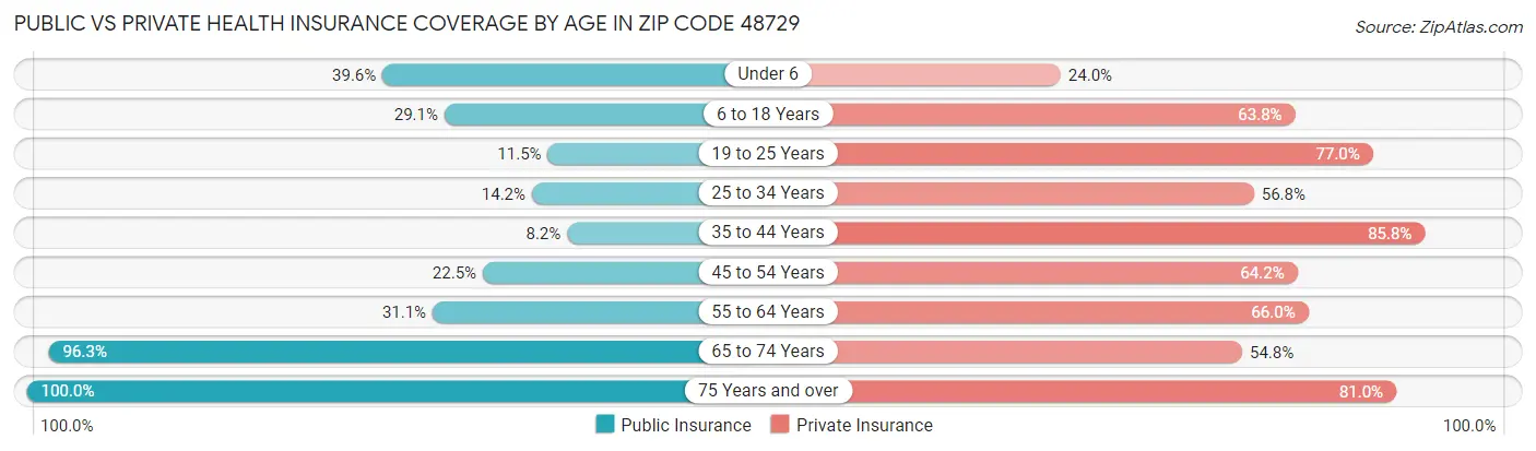 Public vs Private Health Insurance Coverage by Age in Zip Code 48729