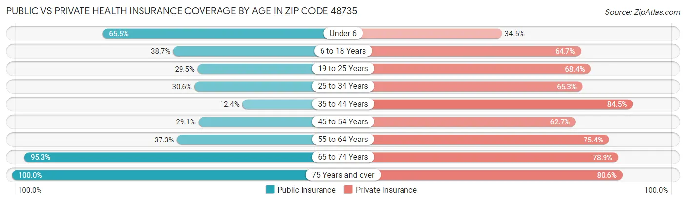 Public vs Private Health Insurance Coverage by Age in Zip Code 48735