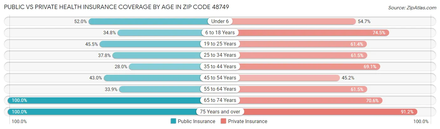 Public vs Private Health Insurance Coverage by Age in Zip Code 48749