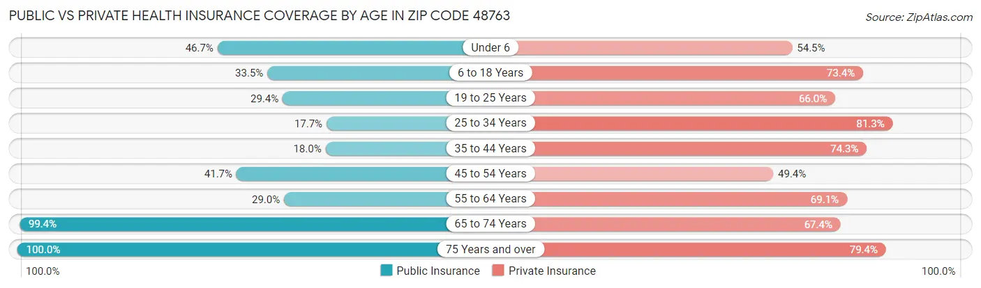 Public vs Private Health Insurance Coverage by Age in Zip Code 48763