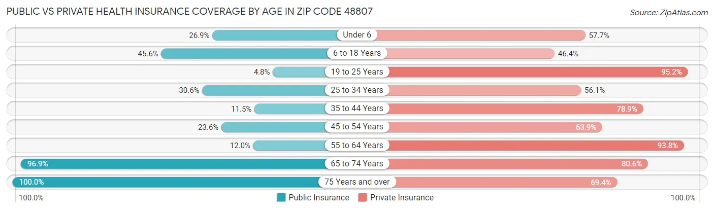 Public vs Private Health Insurance Coverage by Age in Zip Code 48807