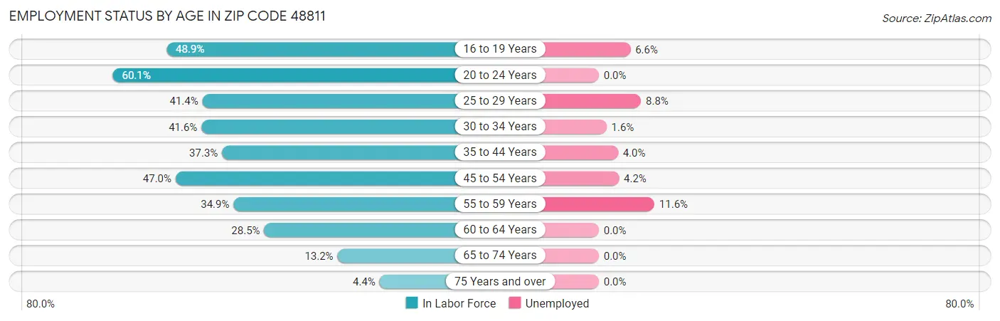 Employment Status by Age in Zip Code 48811