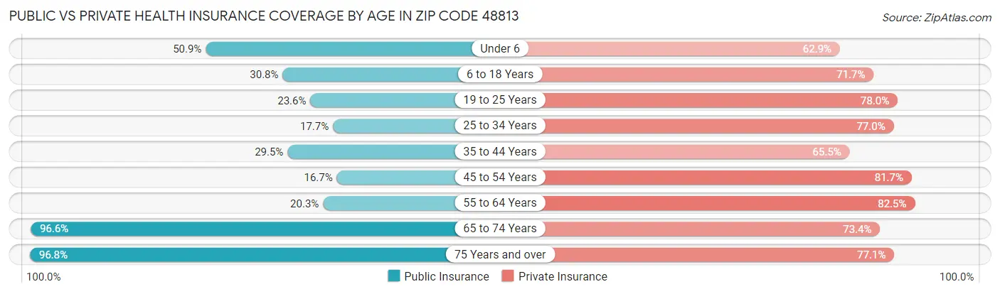 Public vs Private Health Insurance Coverage by Age in Zip Code 48813