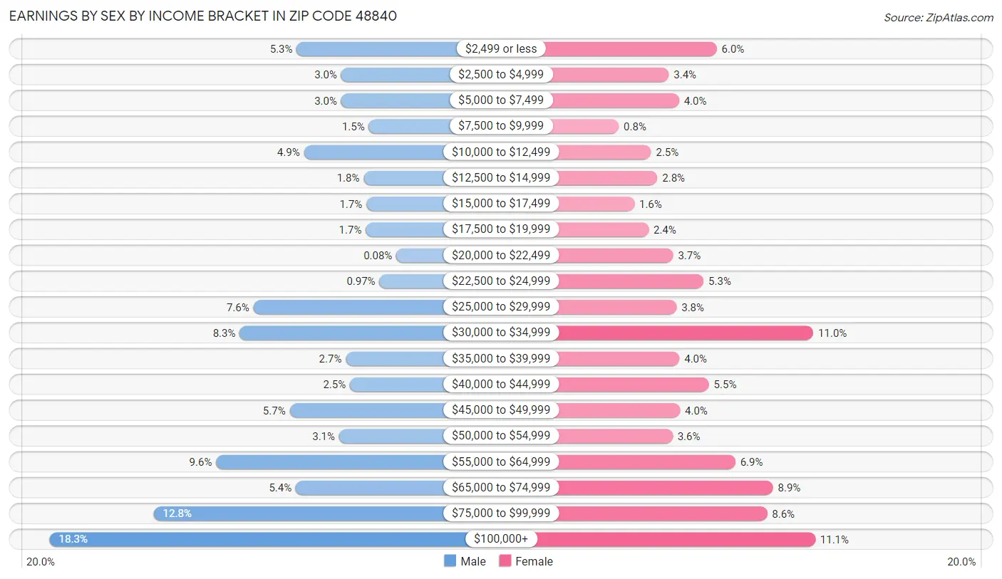 Earnings by Sex by Income Bracket in Zip Code 48840