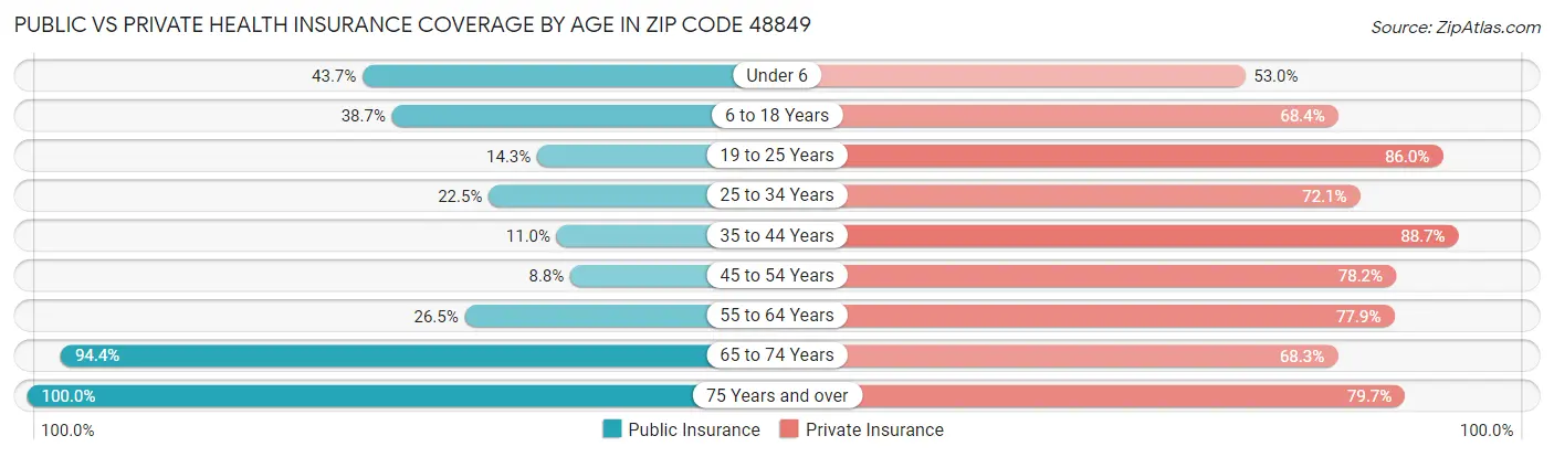 Public vs Private Health Insurance Coverage by Age in Zip Code 48849