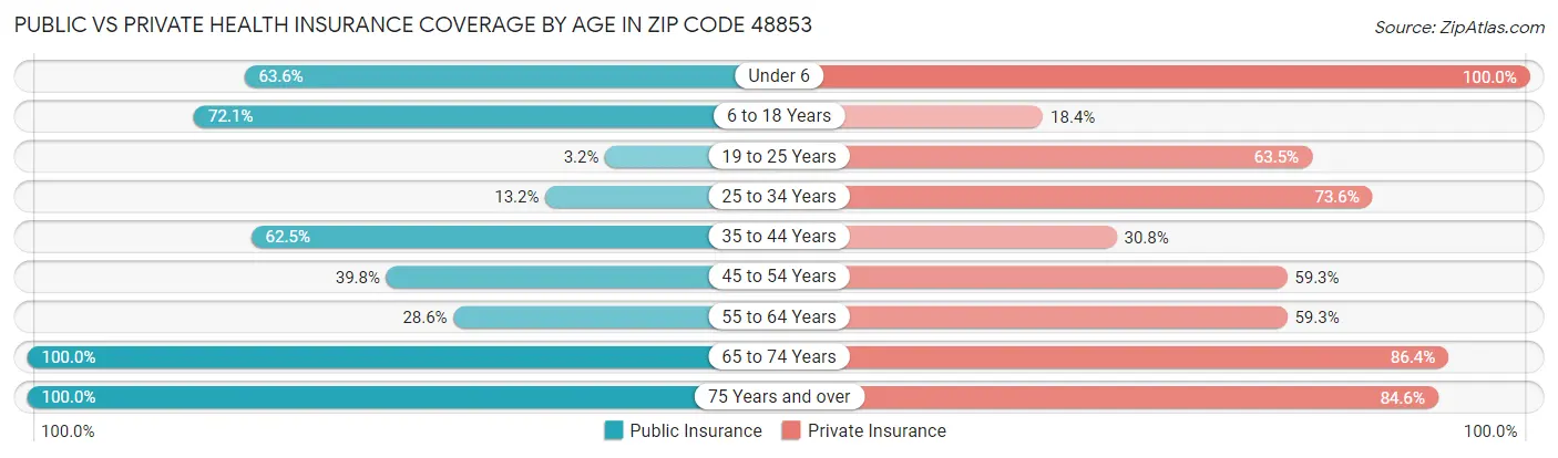 Public vs Private Health Insurance Coverage by Age in Zip Code 48853