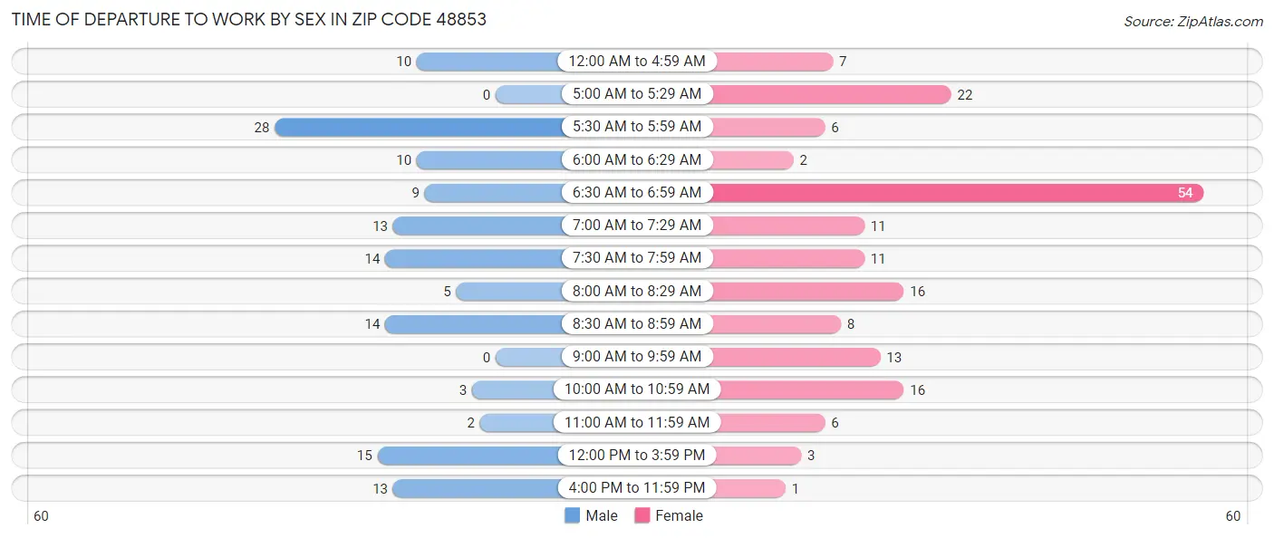 Time of Departure to Work by Sex in Zip Code 48853