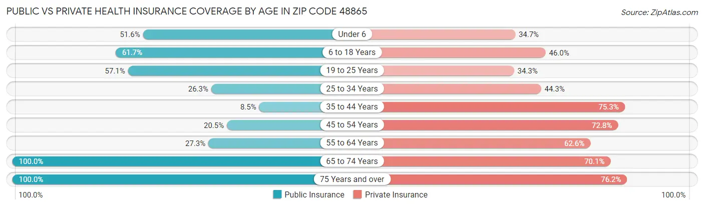 Public vs Private Health Insurance Coverage by Age in Zip Code 48865