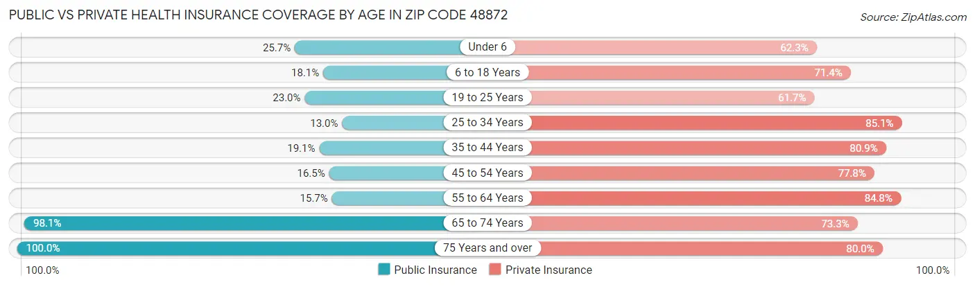 Public vs Private Health Insurance Coverage by Age in Zip Code 48872