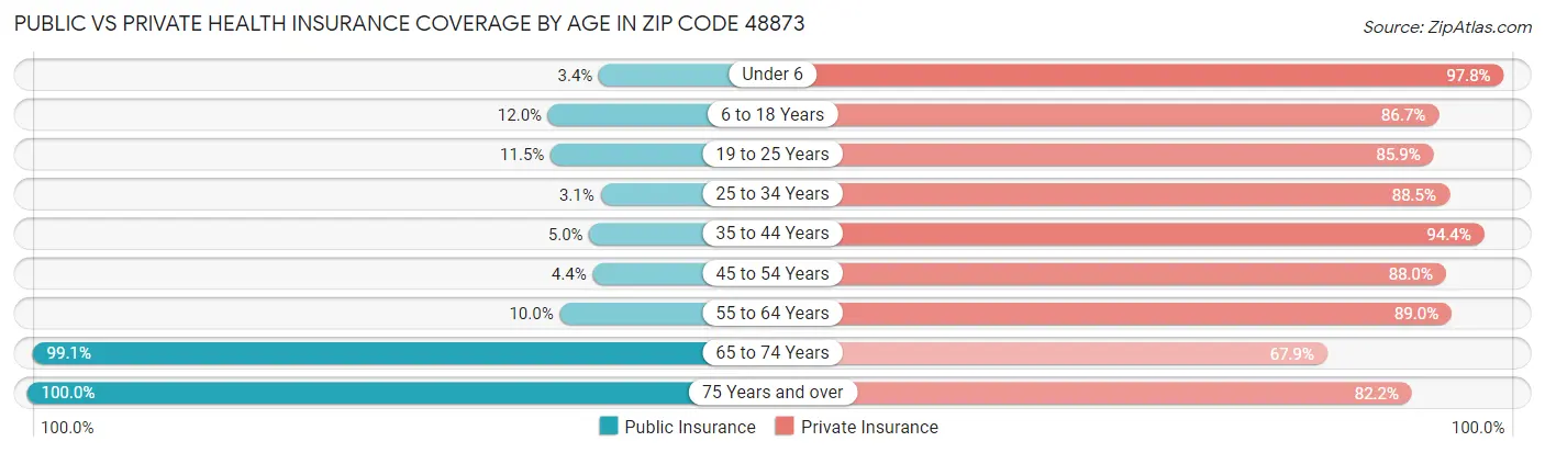 Public vs Private Health Insurance Coverage by Age in Zip Code 48873