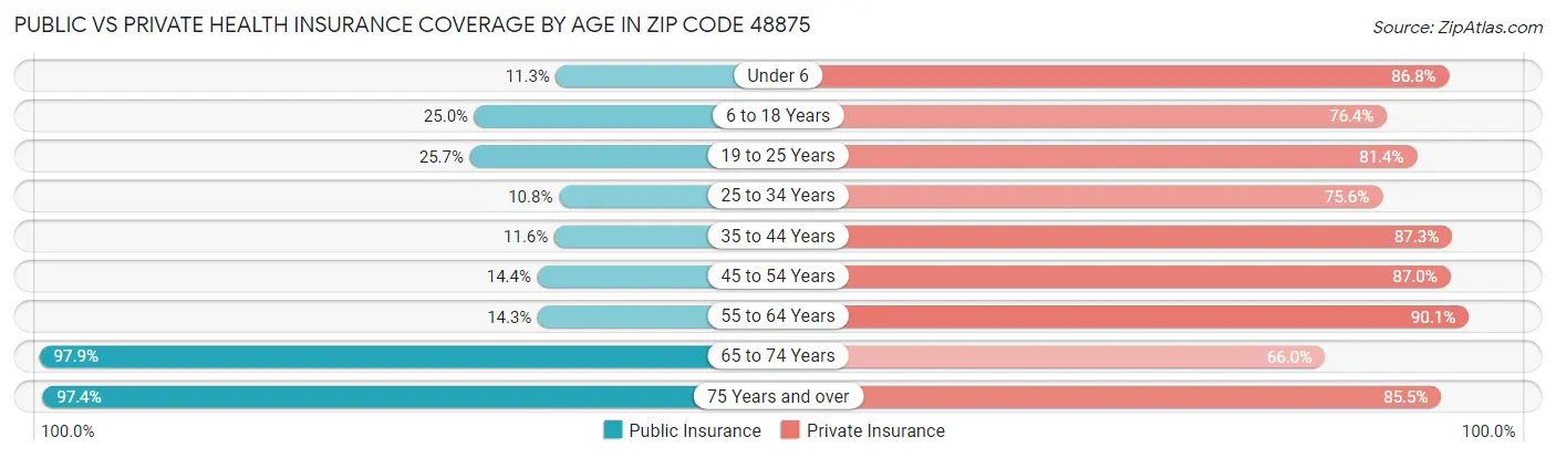 Public vs Private Health Insurance Coverage by Age in Zip Code 48875