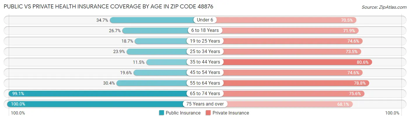 Public vs Private Health Insurance Coverage by Age in Zip Code 48876