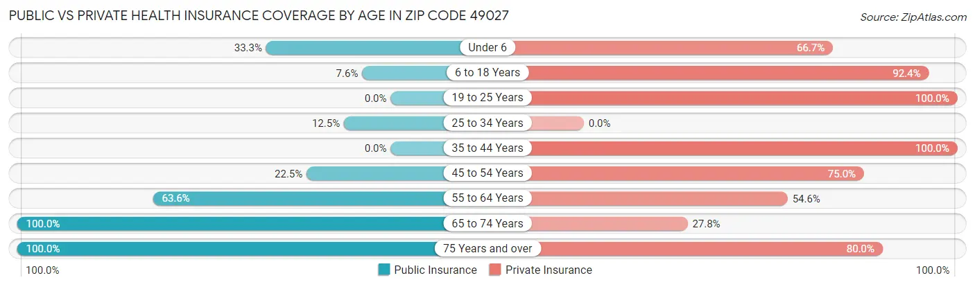 Public vs Private Health Insurance Coverage by Age in Zip Code 49027