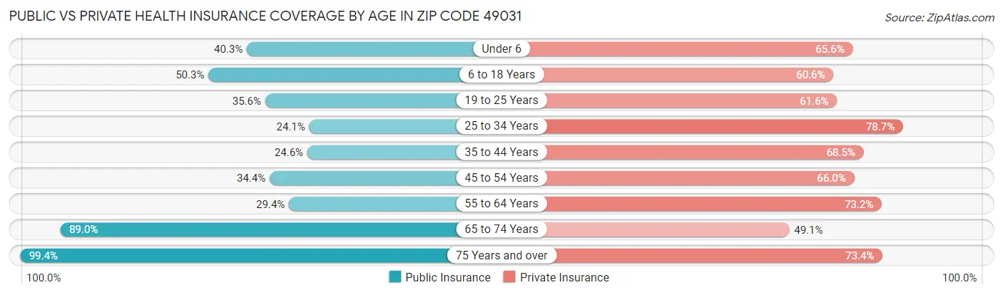 Public vs Private Health Insurance Coverage by Age in Zip Code 49031