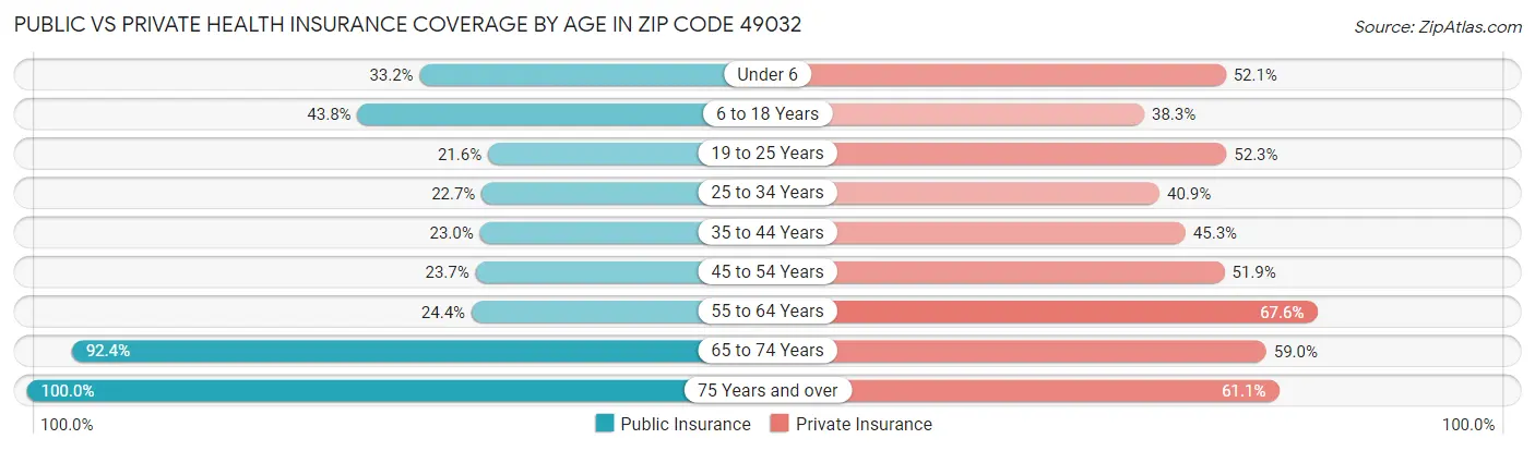 Public vs Private Health Insurance Coverage by Age in Zip Code 49032