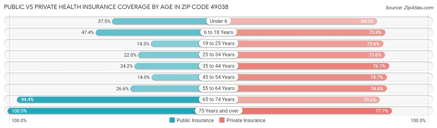 Public vs Private Health Insurance Coverage by Age in Zip Code 49038