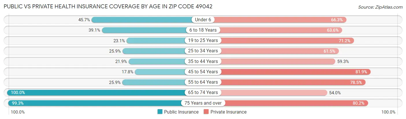 Public vs Private Health Insurance Coverage by Age in Zip Code 49042