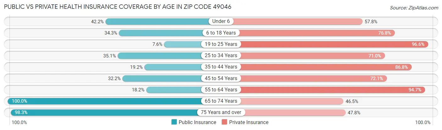 Public vs Private Health Insurance Coverage by Age in Zip Code 49046