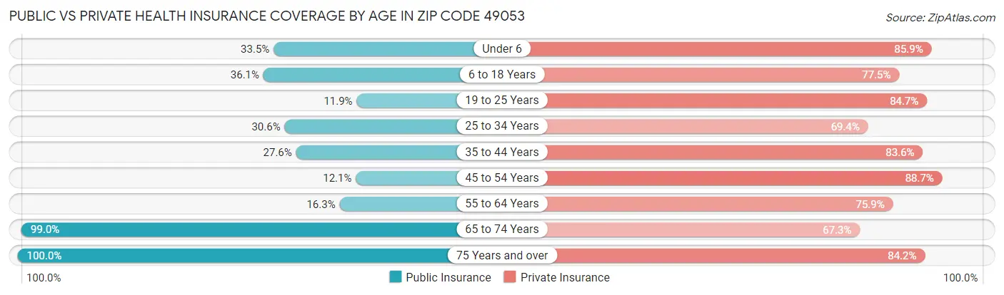 Public vs Private Health Insurance Coverage by Age in Zip Code 49053