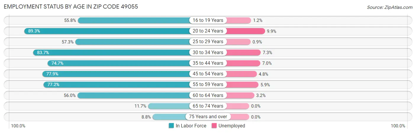 Employment Status by Age in Zip Code 49055