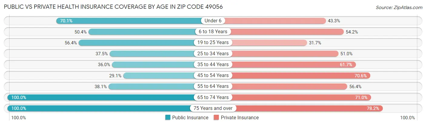 Public vs Private Health Insurance Coverage by Age in Zip Code 49056
