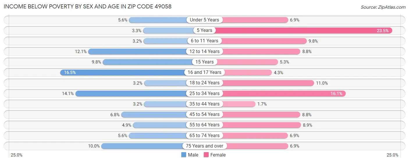 Income Below Poverty by Sex and Age in Zip Code 49058