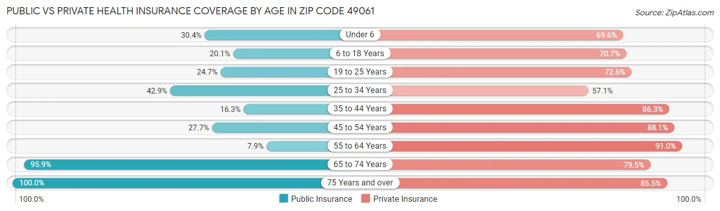 Public vs Private Health Insurance Coverage by Age in Zip Code 49061
