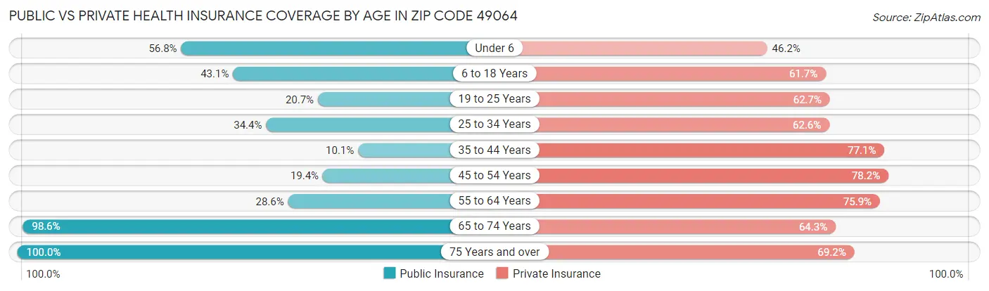 Public vs Private Health Insurance Coverage by Age in Zip Code 49064