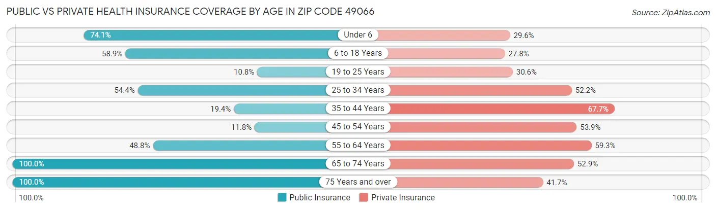 Public vs Private Health Insurance Coverage by Age in Zip Code 49066