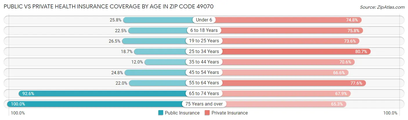 Public vs Private Health Insurance Coverage by Age in Zip Code 49070