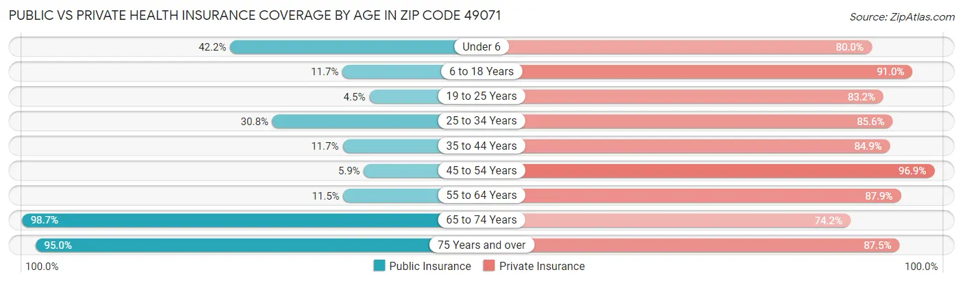 Public vs Private Health Insurance Coverage by Age in Zip Code 49071