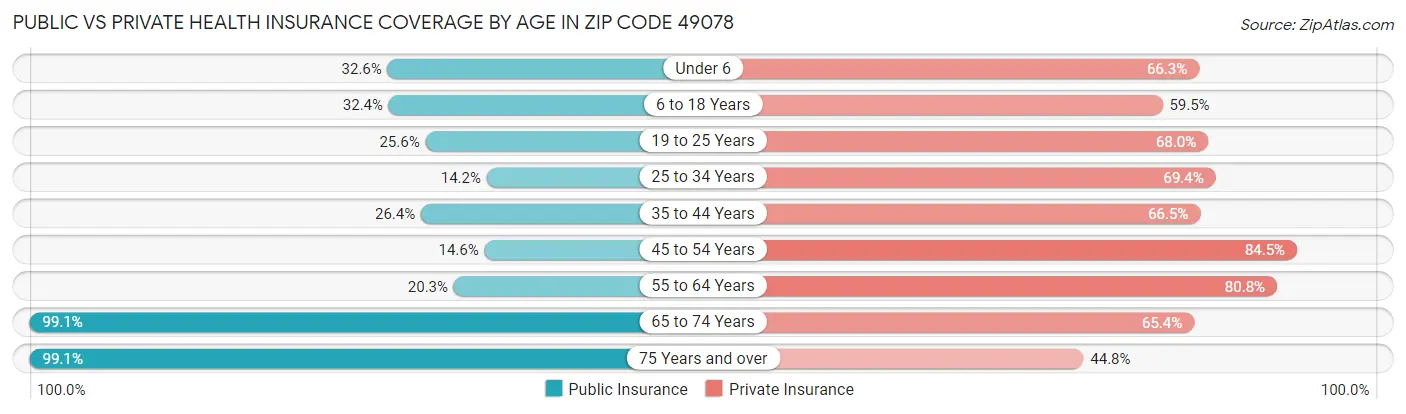 Public vs Private Health Insurance Coverage by Age in Zip Code 49078