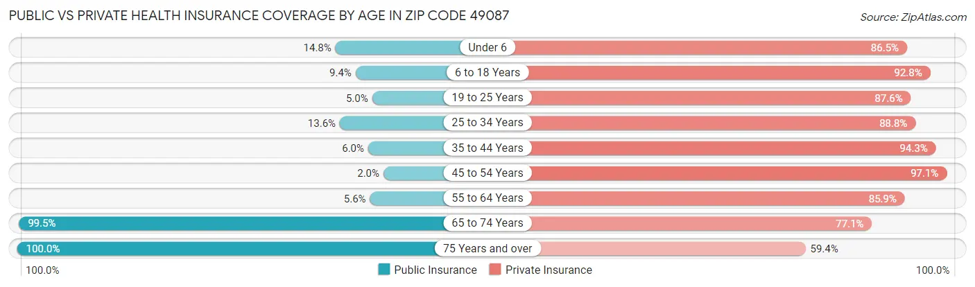 Public vs Private Health Insurance Coverage by Age in Zip Code 49087
