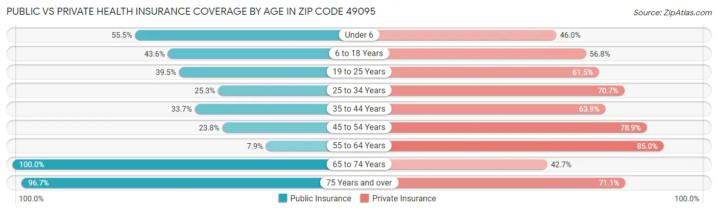 Public vs Private Health Insurance Coverage by Age in Zip Code 49095