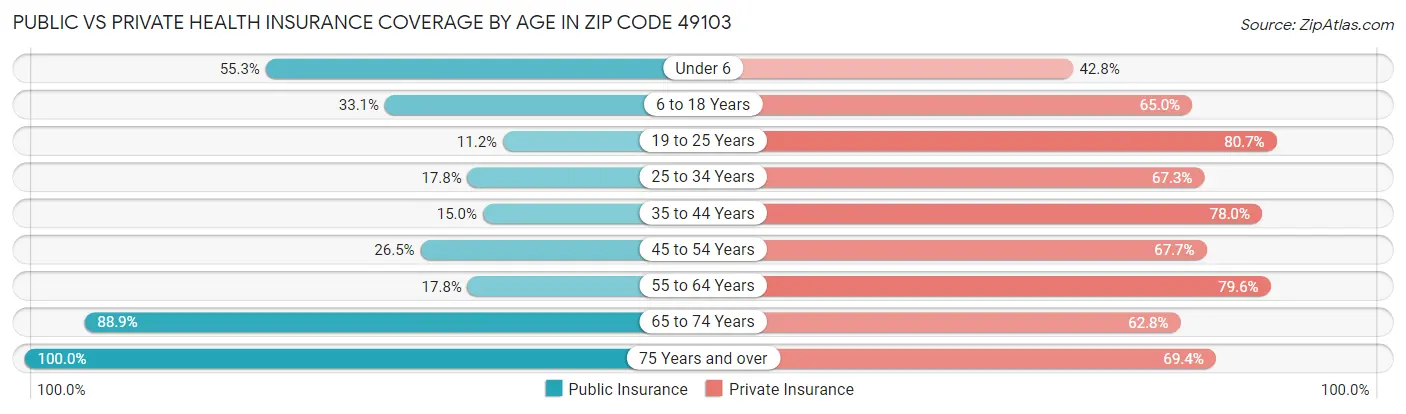 Public vs Private Health Insurance Coverage by Age in Zip Code 49103