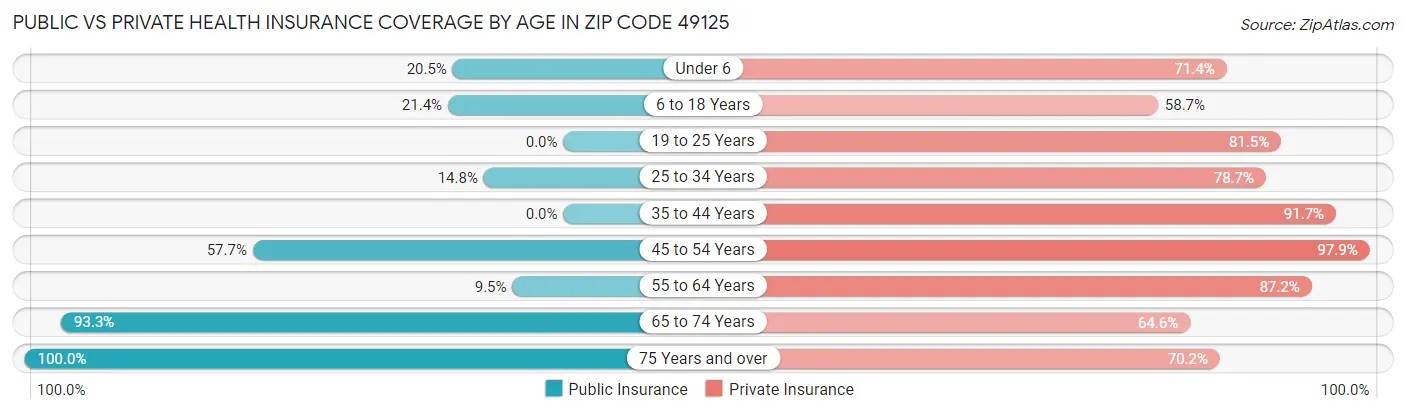 Public vs Private Health Insurance Coverage by Age in Zip Code 49125