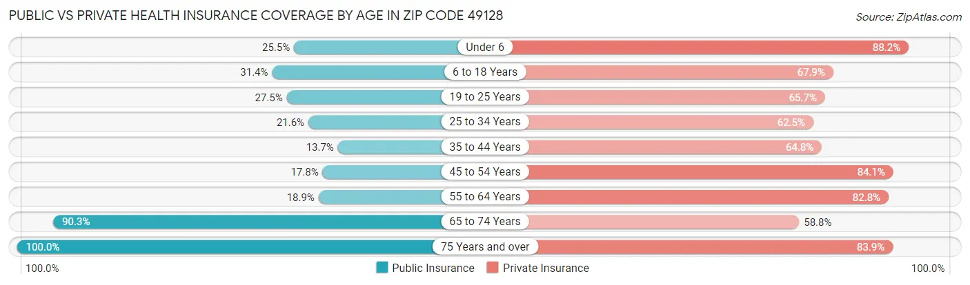 Public vs Private Health Insurance Coverage by Age in Zip Code 49128
