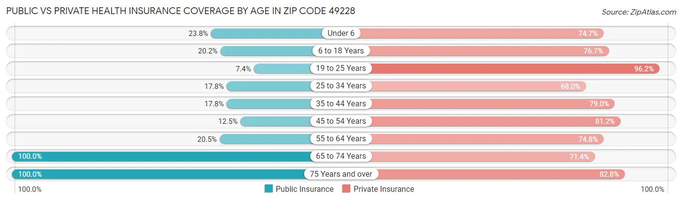 Public vs Private Health Insurance Coverage by Age in Zip Code 49228