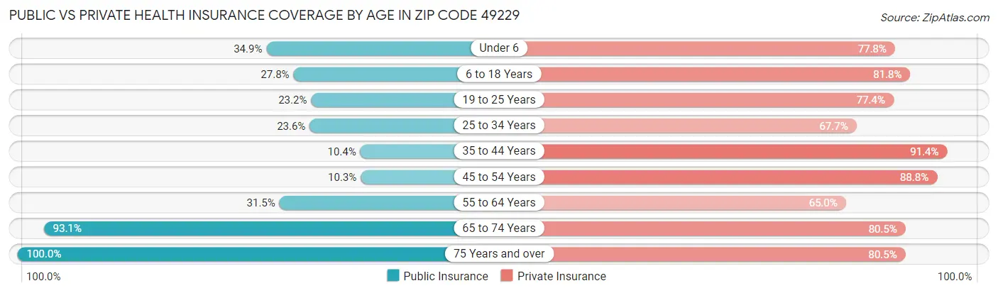 Public vs Private Health Insurance Coverage by Age in Zip Code 49229