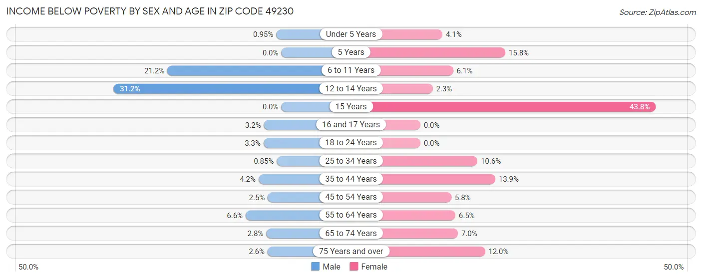 Income Below Poverty by Sex and Age in Zip Code 49230