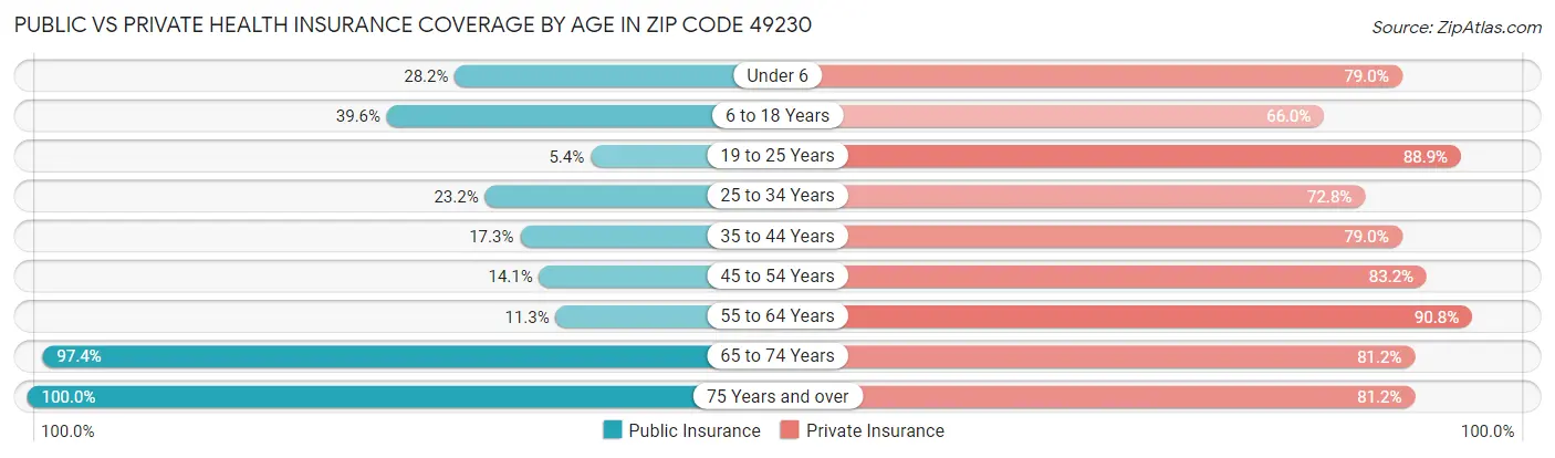 Public vs Private Health Insurance Coverage by Age in Zip Code 49230