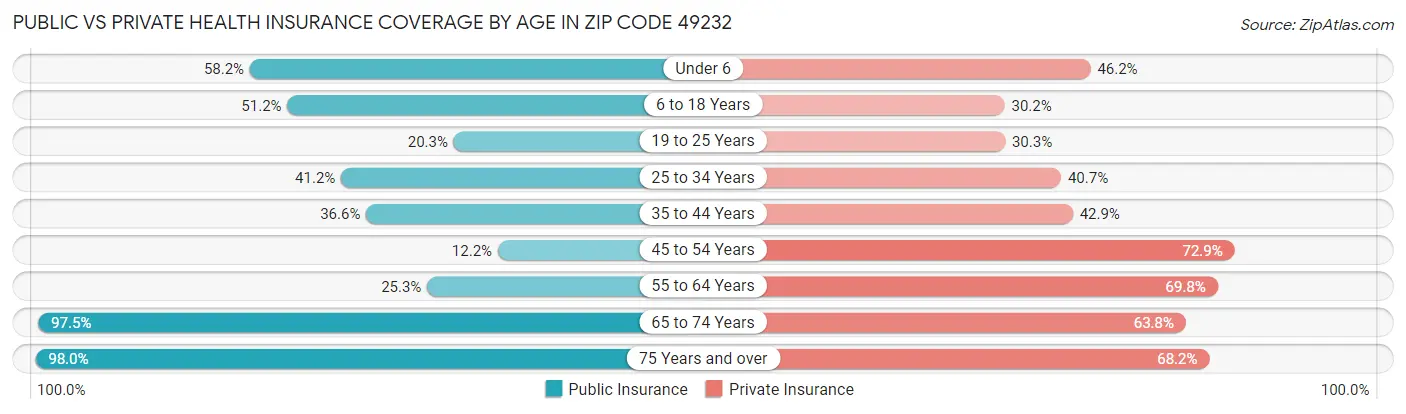 Public vs Private Health Insurance Coverage by Age in Zip Code 49232