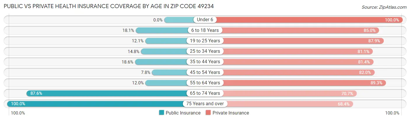 Public vs Private Health Insurance Coverage by Age in Zip Code 49234
